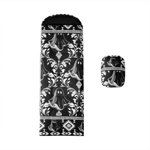 Erosebridal Longhorn Cow Skull Gothic Witchy Damask Sleeping Bag for Kids Camping Blanket for Hiking Travel Hunting Sleep Bag - color: Black and White Halloween Ghost