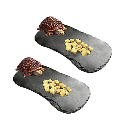 Reptile Basking Platform 11''x5.5'' Turtle Rock Plate Feeding Food Bowl Dish Feed Slate Tortoise Bathing Resting Slab for Lizard Gecko Bearded Dragon Chameleon Snake Frog-2Pcs - size: 11''x5.5''(2PCS)