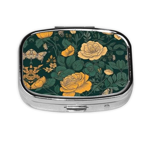 Square Round Pill Case Roses and Butterflies Pill Box Daily 2 Compartment Travel Pill Container for Pocket Purse Portable Medicine Cod Liver Oil Storage Box 2 Times a Day Pill Organizer - color: Roses and Butterflies