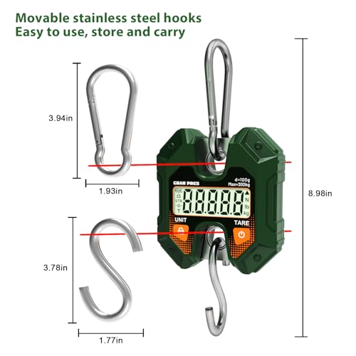 GRAM PRES Digital Hanging Scale 660LB/300KG,Handheld Mini Crane Scale,Deer Hunting Scales,Digital Luggage Scale with Hooks for Farm，Fishing, Fish, Meat，Game,Outdoor.