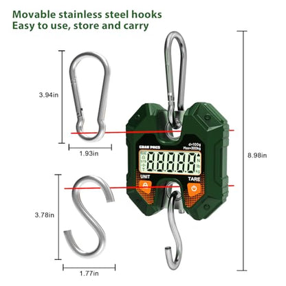 GRAM PRES Digital Hanging Scale 660LB/300KG,Handheld Mini Crane Scale,Deer Hunting Scales,Digital Luggage Scale with Hooks for Farm，Fishing, Fish, Meat，Game,Outdoor.
