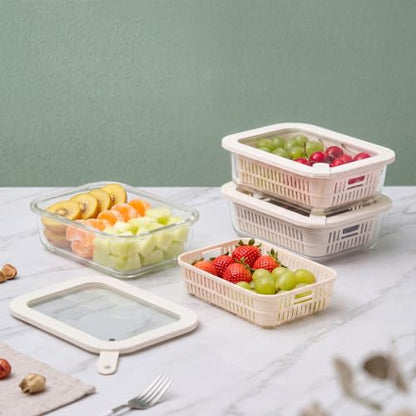 Glass Food Storage Containers with Glass Lids, Microwave Safe Food Container Set, Aitight Meal Prep Container Set, BPA Free, 3 extra Colanders, LeakProof, 3 Pack of 35oz - color: Ivorywhite-3RT
