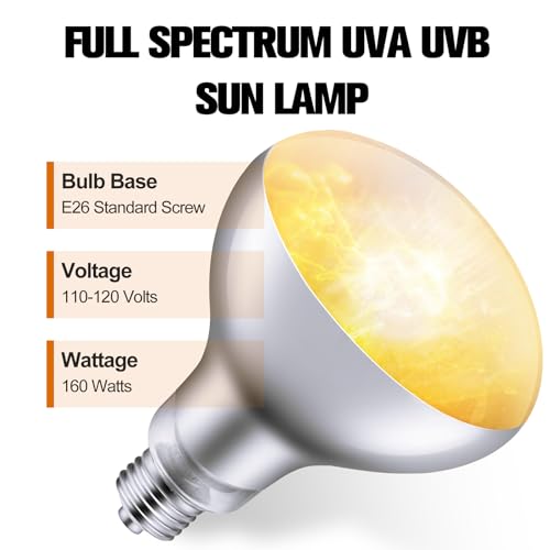 160W Reptile Heat Lamp Bulb Full Spectrum UVA UVB Sun Lamp | Basking Light for Bearded Dragon, Mercury Vapor Bulb for Reptiles and Amphibians - size: 160W
