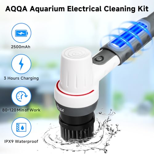 AQQA 8-in-1 Electric Aquarium Cleaning Kit, Grey | IPX9 Waterproof, Cordless Rechargeable, Glass Scrubber, Handheld Fish Tank Cleaner