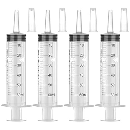 60ml Syringes without Needle, Large Plastic Liquid Syringe, 4 Pack | With Adapter for Pet Feeding, Plant Irrigation, Scientific Labs, Measuring Liquids, Individually Wrapped
