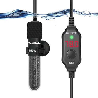 YukiHalu Submersible Aquarium Heater 100W 150W 200W, Adjustable Mini Fish Tank Heater, Small Size, Overheating Protection, External Controller, Used for 0.5-40 Gallons(150W) - size: 150 Watts