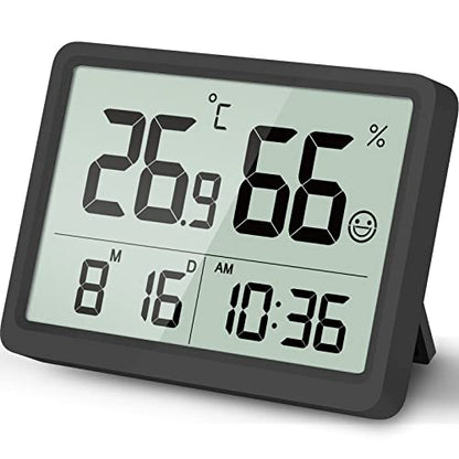 Digital Hygrometer, Humidity Meter, Temperature Monitor for Room | Calibration, Clock, 3.62 LCD, 3-Way Mount, 10s Refresh, Baby Room, Greenhouse, Guitar, CR2450 Battery, Comfort - color: Black