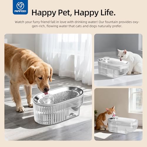 PAPIFEED Cat Water Fountain Stainless Steel, 84oz/2.5L Automatic Cat Water Fountain with Visible Water Level, Ultra Quiet Low Power Cat Water Bowl & Cat Water Dispenser (White) - color: White