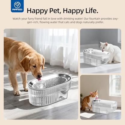 PAPIFEED Cat Water Fountain Stainless Steel, 84oz/2.5L Automatic Cat Water Fountain with Visible Water Level, Ultra Quiet Low Power Cat Water Bowl & Cat Water Dispenser (White) - color: White