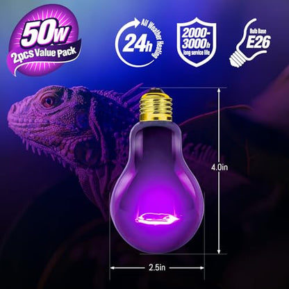 Leoterra Purple Moonlight Night Heat Lamp 2PACK 50W 10-20 Gallons Tank Use Heat Bulb for Lizard Bearded Dragon Leopard Snake Turtle,Easy to Install 2000+ Hours, Fits E26 110v - style: 50w