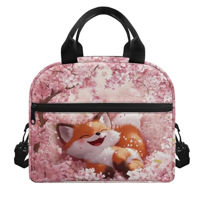 Fox Lunch Box Kids Insulated Lunch Bag for Girls Cherry Blossom Reusable Lunchbox Cooler Lunch Tote Bag for Kids Lunchbag with Shoulder Straps - color: Cherry Blossom Fox Print