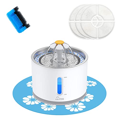 Wonder Creature Cat Water Fountain Stainless Steel Lid 81oz/2.4L-3 Filters | Pet Fountain with 3 Carbon Filters, 1 Mat, Quiet pump, LED Water Level Window, BPA-Free Stainless Steel Lid