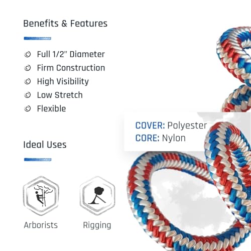 Pelican Arborist-16 Strand 12.7 mm (1/2 inch) Arborist - 7000 lbs Breaking Strength - Static Climbing Rope Used for Arborists - 150 ft - Plain End - size: 150 ft - Plain End, style: Red White Blue