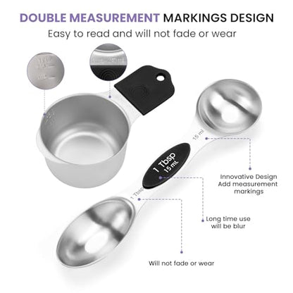 HOUJIP Magnetic Measuring Cups and Spoons Set-304 Stainless Steel,Black | Double Measurement Markings,BPA-Free,Set of 16 with Leveler for Measuring Dry and Liquid Ingredients - color: Black
