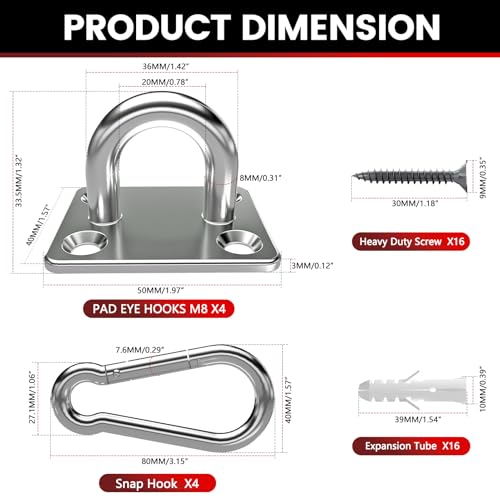 304 Stainless Steel Pad Eye Snap Hook,M8 Ceiling Hook 1200Lb,8Pcs | Hanging Kit with Screws for Hammock Chair Swing, Yoga Gym Equipment, Sun Shade Sail, Plant Hangers & Marine Boat Hardware - size: 3.15 inch, style: Square