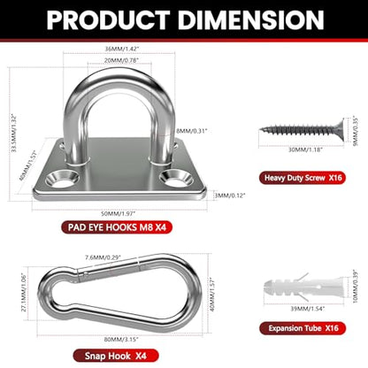 304 Stainless Steel Pad Eye Snap Hook,M8 Ceiling Hook 1200Lb,8Pcs | Hanging Kit with Screws for Hammock Chair Swing, Yoga Gym Equipment, Sun Shade Sail, Plant Hangers & Marine Boat Hardware - size: 3.15 inch, style: Square
