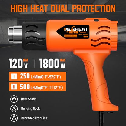 Heat Gun - 1800W Heavy Duty Hot Air Gun 2 Temperature Settings 572℉&1112℉ for Shrink Tubing, Included Reflector Nozzle for Crafting, Epoxy Resin, Vinyl Wrap