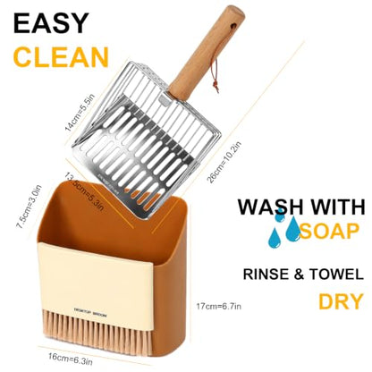 Cat Litter Scoop with Holder, Heavy Duty Stainless Steel Kitty Scooper | with Coarse and Fine Mesh, Includes Broom and Dustpan Set, Quick Sift and Easy Clean, Orange - color: Orange