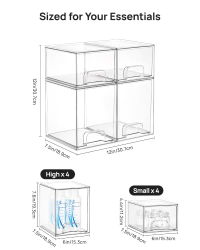 Vtopmart Stackable Storage Drawers Set of 8, Clear Plastic Organizer Bins for Baby Bottle, Beauty Supplies Storage, Ideal for Kichen Countertop, Vanity, Bathroom, Cabinet, Pantry Organization - style: 4 Small+4 High