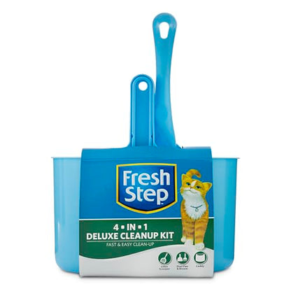 Fresh Step 4-in-1 Deluxe Litter Cleanup Kit - Cat Scoop, Broom, Dust Pan, and Hanging Caddy, Compatible with Standard Plastic Litter Pans and Disposable Litter Boxes, Blue | Includes scoop, broom, dust pan, and hanging caddy, compatible with standard litt
