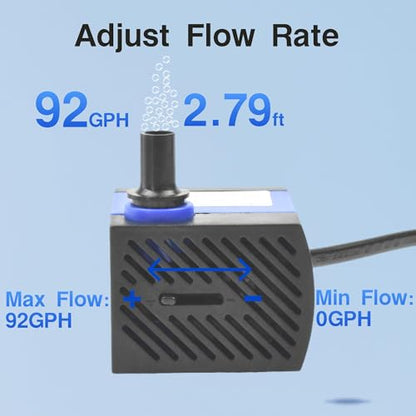 CONQUERALL 92GPH 5W Submersible Pump Mini Adjustable for Fish Tanks, Tabletop Fountains, Hydroponic Systems, Pet Fountains