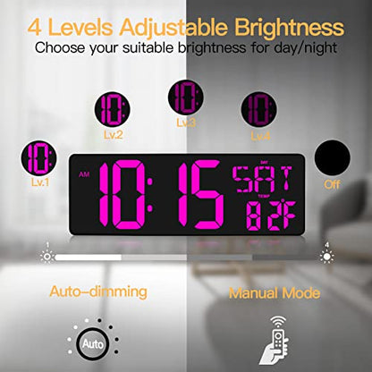 XREXS 17.2 Inch Large Digital Wall Clock with Remote Control | LED Large Display Count Up & Down Timer, Adjustable Brightness Alarm Clock with Day/Date/Temperature for Home, Office, Gym - color: Purple