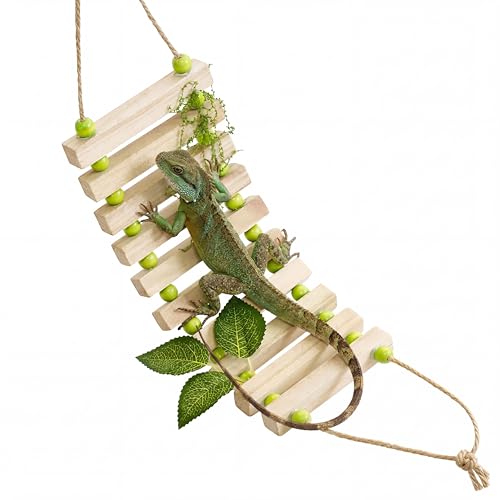 Handmade Wooden Bearded Dragon Climbing Ladder with Artificial Leaves and Moss Leopard Gecko Tank Accessories Bearded Dragon Tank Accessories Hanging Flexible Swing (Green)