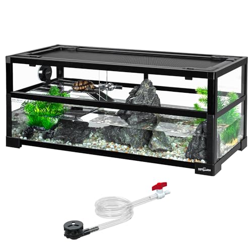REPTIZOO 18 Gallon Turtle Tank Aquarium, 30"×12"×12" Tortoise Habitat Water-Land Ecological Turtle Tank with Drainage System Aquatic Aquarium - size: 30"×12"×12"