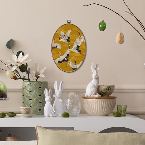 Yorhifa Vintage Golden Japanese Crane Framed Wall Art, Japanese Bird Oval Wall Art, Golden Asian Oriental Crane Oval Walls Decor, Japandi Bird Canvas Artwork Hanging Decor, 8.5x11.5in - color: crane