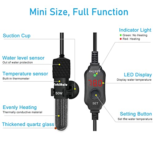 YukiHalu Small Submersible Aquarium Heater, Adjustable Mini Fish Tank Heater 25W 50W 100W 200W 300W with External Temperature Controller, LED Display, Used for 5/10/20/40/60 Gallons (50 Watts) - size: 50 Watts