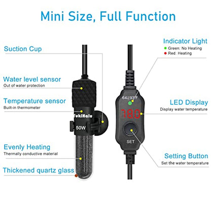 YukiHalu Small Submersible Aquarium Heater, Adjustable Mini Fish Tank Heater 25W 50W 100W 200W 300W with External Temperature Controller, LED Display, Used for 5/10/20/40/60 Gallons (50 Watts) - size: 50 Watts