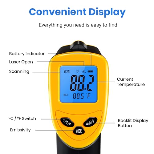 Etekcity Infrared Thermometer Laser Temperature Gun, -58°F~1130°F | Cooking, Pizza Oven, BBQ, Meat, Kitchen, Reptile, HVAC, Adjustable Emissivity, MAX Display, High Temperature - color: Laser Yellow, style: Advanced