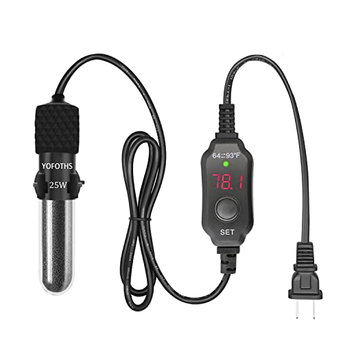 YOFOTHS Adjustable Mini Aquarium Heater, 25W for Tanks 3-5 Gallons | Fish Tank Heater, Digital Display Thermostat, External Temperature Controller - size: 25W