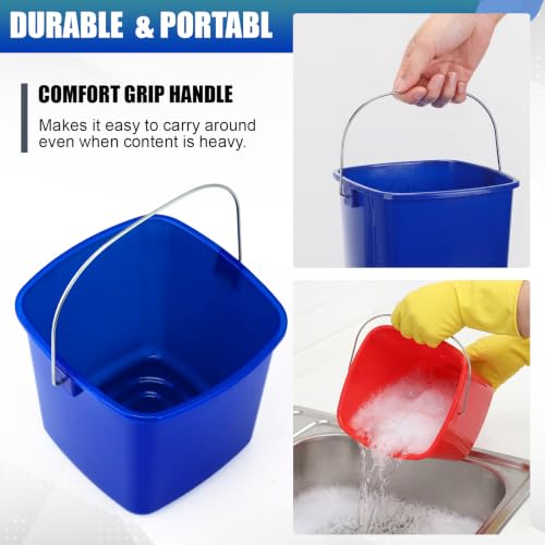 Zhehao 6 Pcs 3 Quart Bucket for Cleaning Small Sanitizer Bucket for Restaurant Square Plastic Pail with Handles for Home, Offices, Commercial Use, Food Service(Red,Dark Blue) - color: Red,dark Blue
