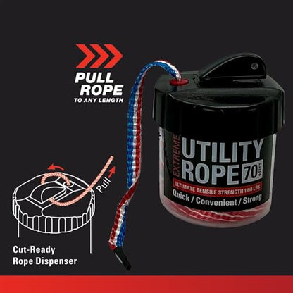 Rapid Rope Canister, 70ft Patriot Tactical Paracord, 1100lb Test, USA Made | Heavy Duty Poly Rope Test Cord, Non-Tangle Dispenser Included, For Hiking, Camping, Survival, Utility, Stocking Stuffer, Gift - size: 70ft, style: Patriot