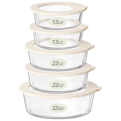 Glass Food Storage Containers with Glass Lids, Microwave Safe Food Container Set, Aitight Meal Prep Container Set, LeakProof, 100% Plastic Free, 5 Pack - color: Ivory White -5p