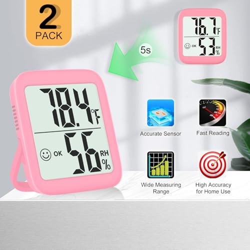 2 Pack Room Thermometer Indoor Hygrometer | Monitor Temperature & Humidity, Accurate, Fast Read, Easy To View, Magnetic/Kickstand/Hanging, ℉/℃, w/ Battery, Compact - color: 2 Pcs* Pink