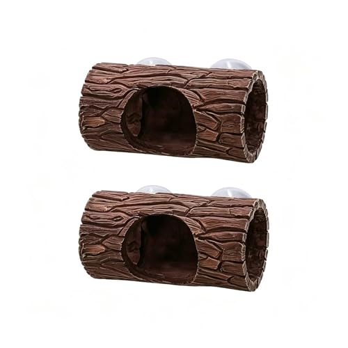 Reddish Brown Tree Hole Reptile Hideout, Resin Hollow Log Tunnel with Suction Cups, Terrarium Hiding & Climbing Decor for Bearded Dragon, Betta, Turtle, Guppy, Salamander(Two Reddish‑Brown) - color: Two reddish‑brown