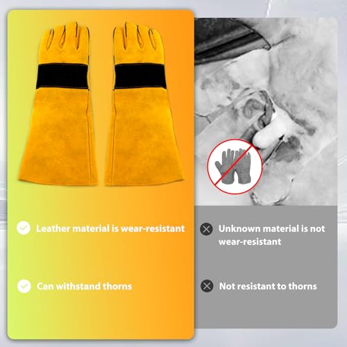 17.32" Animal Handling Gloves,Cowhide Bite Proof, Fits Dogs/Cats | 17.32" Extended Forearm Guard, Snake & Scratch Resistant, Reinforced Leather, Secure Grip for Reptiles, Birds & Falconry - color: Yellow（17.32"）