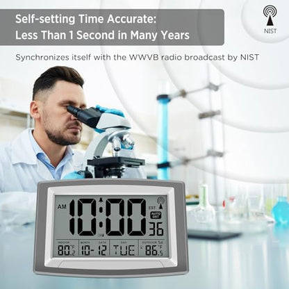 Atomic Clock 12.5 Inch Self-Setting Digital Wall Clock | Indoor/Outdoor Temperature, Battery Operated Wall Clocks or Desk Clocks, Large Display for Classroom, Garage, Office - size: 12.5 INCH