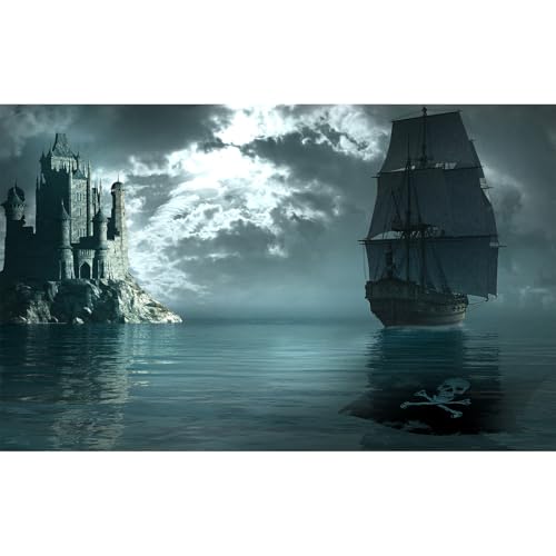 Pirate Ship Aquarium Background Night Gothic Castle Scenery Fish Tank Background Cloudy Vintage Black Pirate Ship Futuristic Ocean Night Landscape Terrarium Backgrounds for Home Tank Decors 24x12in - color: Grey_Blue, size: 24(W)x12(H)inches/ 60(W)*30cm(H