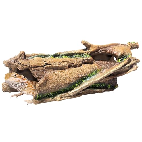 Fhiny Reptile Hides and Caves Resin Hollow Tree Trunk for Terrarium Lizard Hideout Aquarium Fish Hideaway Gecko Tank Accessories for Lizards Chameleons Bearded Dragons Hermit Crabs Frogs (Large)