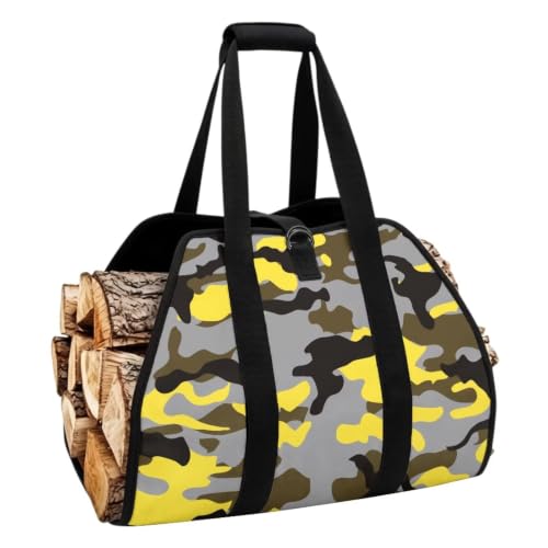 Street Camo Print Firewood Tote Log Carrying Bag | Wide Opening, Large Capacity, Water Resistant Material, Winter Gear for Fire Pits and Camping Journeys - color: Gray Yellow Modern Street Camo Print