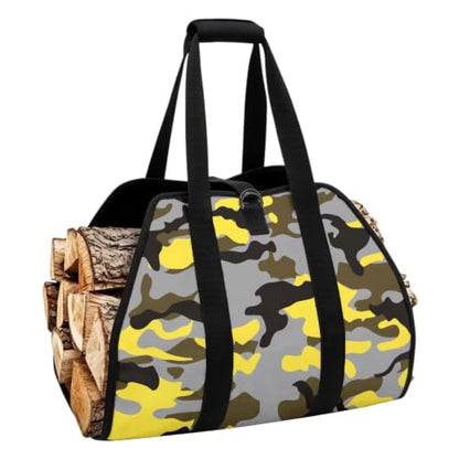 Street Camo Print Firewood Tote Log Carrying Bag | Wide Opening, Large Capacity, Water Resistant Material, Winter Gear for Fire Pits and Camping Journeys - color: Gray Yellow Modern Street Camo Print