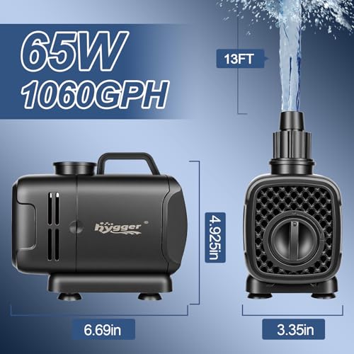 hygger 2-in-1 1060GPH Submersible Pump 65W,Side and Bottom Suction Fountain Water Pump with 13ft High Lift,Quick Water Change with 4 Interchangeable Nozzles for Aquarium, Fish Tank, Hydroponics,Pond - size: 65W-13.1FT