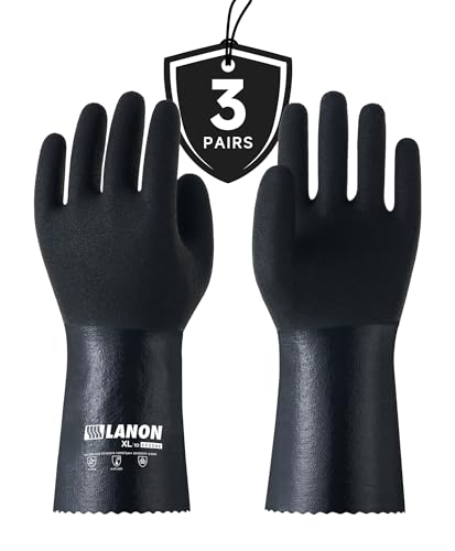 LANON 3 Pairs Nitrile Chemical Resistant Gloves,Cotton Liner,Black,Large | Heavy-Duty,Cleaning,Dishwashing,Waterproof,Breathable,Latex Free,Durable,Non-Slip,Acid,Solvent,Alkali & Oil Protection - size: Large (Pack of 3)