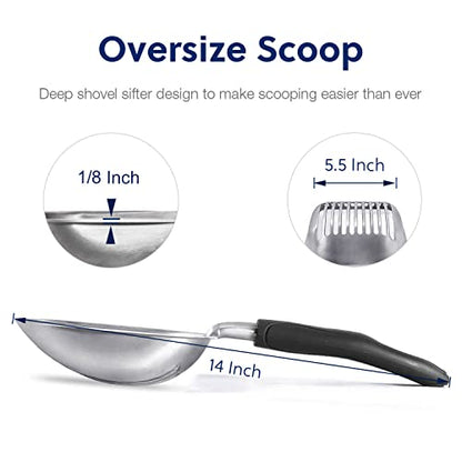 Cat Litter Scoop, Aluminum Alloy Sifter, Kitty Metal Scooper, Deep Shovel, Long Handle, Poop Sifting, Kitten Pooper Lifter, Durable, Heavy Duty, for Litter Box - color: FLAT Aluminum \ #06 Black Handle, size: Large