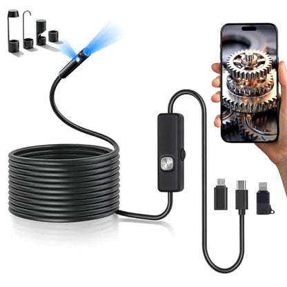 Endoscope Camera with Light,16.4ft Dual-Lens Borescope Tools with 8 Adjustable LED Lights, Endoscope with Semi-Rigid Snake Camera, IP67 Waterproof Inspection Borescope for iOS and Android - size: Dual-Lens 16.4ft