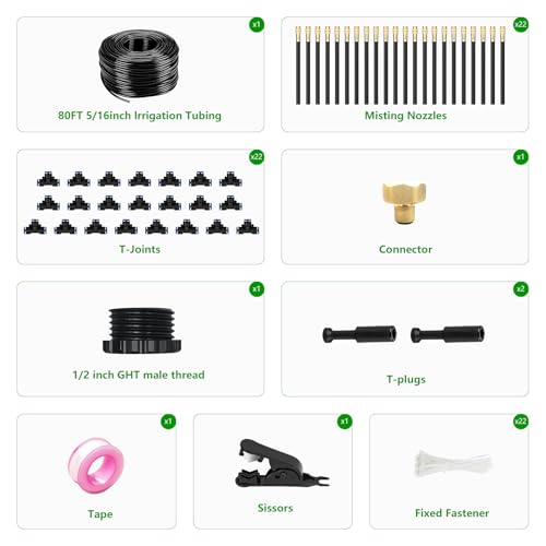 80FT Drip Irrigation System for Garden – Automatic Watering Kit with Solid Brass Metal Connectors, 360° Bendable Tubing &22 Adjustable Nozzles for Greenhouse, Lawn, Yard & Plants - size: 80 FT