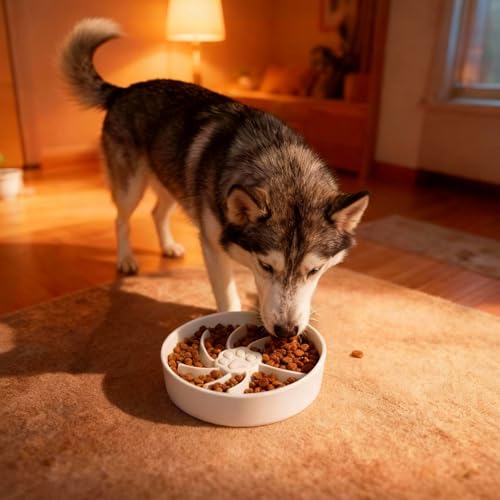 Ceramic Slow Feeder Dog Bowl, 3 Cup Dog Food or 25oz Water, Slow Eating Bowl for Middle Breed, Maze Puzzle Feeder for Fast Eaters, Anti-Choking Stop Bloat, Non-Slip BPA Free (White) - color: White